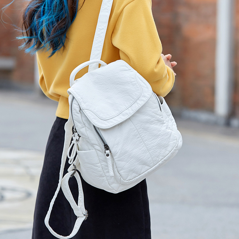 Embroidery Bag - Women's Backpack White Washed Leather Backpack