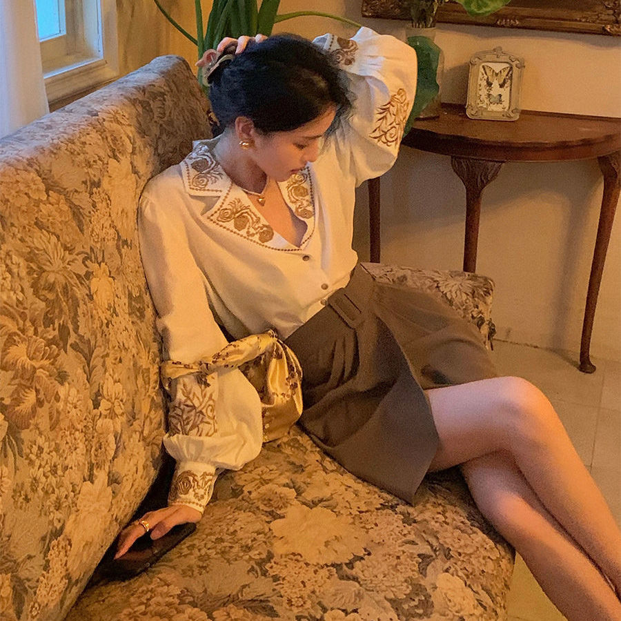 Áo Nữ Áo Sơ Mi Thêu Hoa Retro  - đánh giá và giá Embroidery Cotton Shirt